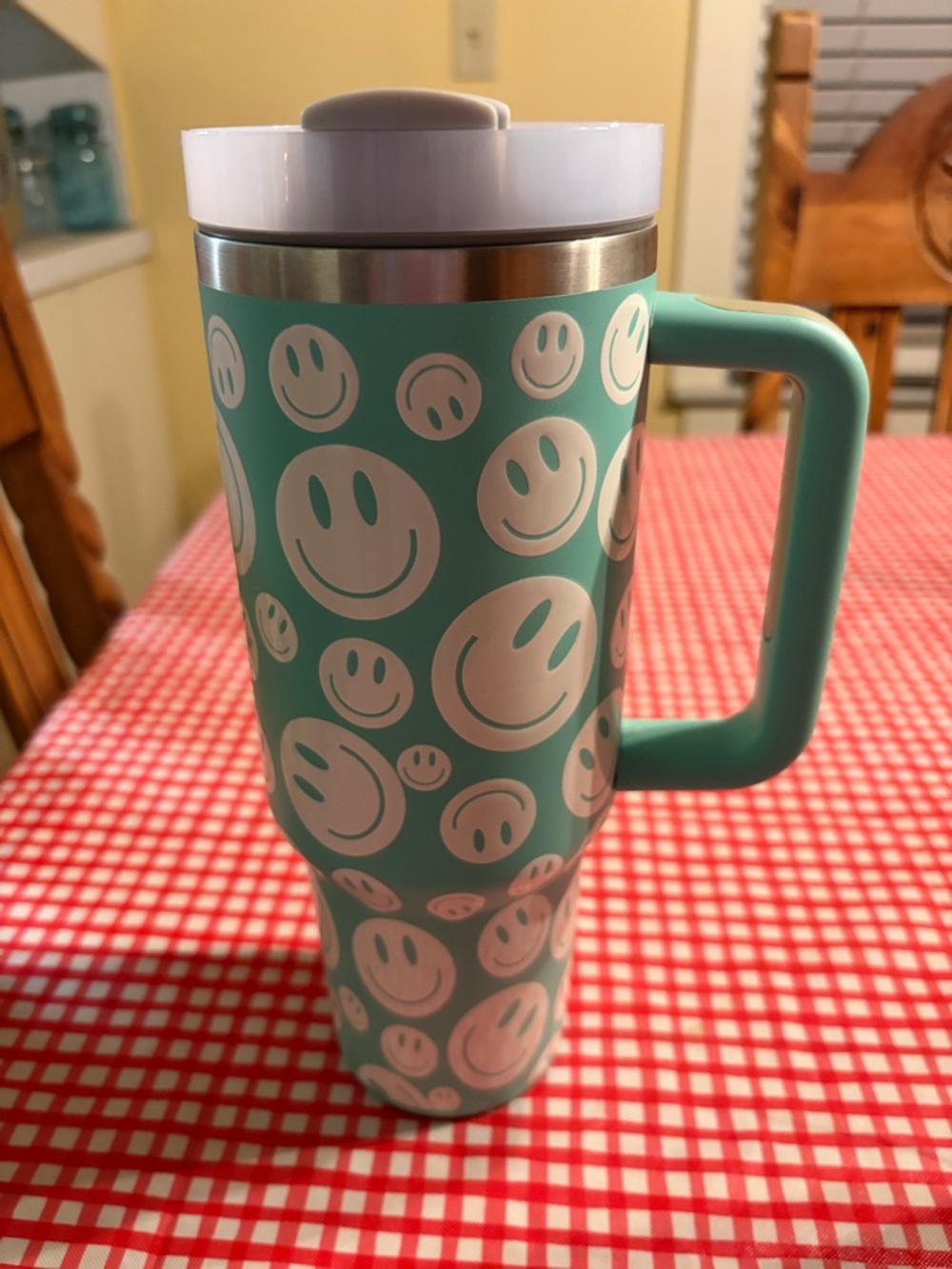 Teal Smiley Travel Mug with Handle - Insulated Water Bottle 40oz